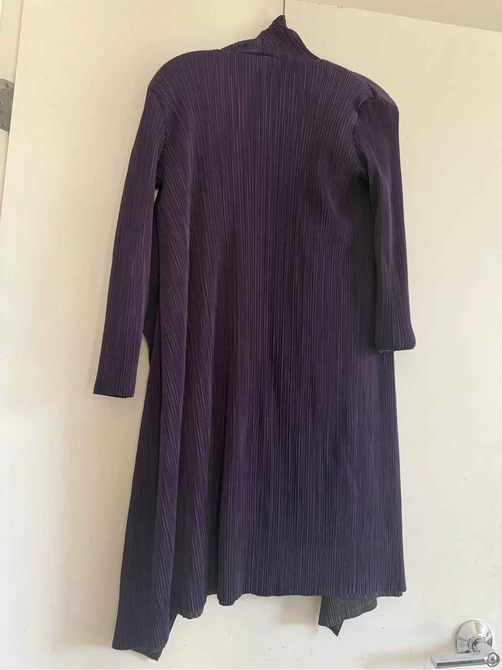 Plisse Pleated Long Cardigan Purple Charcoal Draped Open Front Jacket Reversible